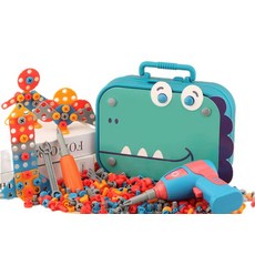 兒童工具玩具套裝，恐龍造型手提箱，益智組裝積木，角色扮演工具箱, 恐龍-211件組, 1套