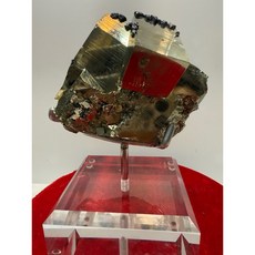 絕版品 大金磚秘魯黃鐵礦（完整大立方體顆粒）共生白雲母及方鉛礦原礦擺件, 1個