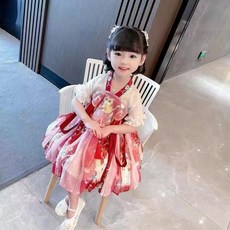 兒童漢服公主裙 紅色吉祥貓圖案