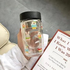 兔與熊雙層鵝蛋玻璃杯卡通厚底帶高檔茶隔, 1個, 1L, 黑蓋兔與熊雙層杯:201-300ml