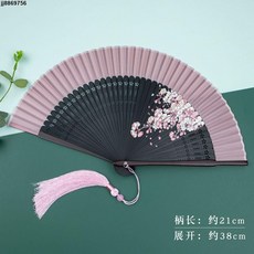 扇子古風折扇中國女式學生古典夏季隨身折疊馬面裙旗袍漢服舞蹈扇, 1個, 牡丹粉面【頭青烤漆柄】,升級扇墜+扇套--00, 牡丹粉面【頭青烤漆柄】