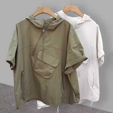바스락 여름 빅사이즈 반팔 바람막이 후드 포켓 남자 워크웨어 루즈핏, 1개, 블랙고품질 특대
