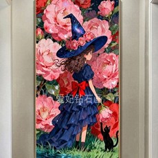 레진 사각 보석십자수 DIY 패브릭형 꼬마마녀와 검은 고양이, 50 x 80cm, 1개