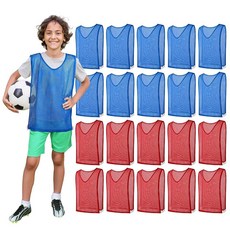 GSi 벨크로 달린 청소년 및 아동용 피니 - 조절 가능 통기성 경량 스포츠 축구/농구용 스크리미지 조끼 (레드 10개 블루 10개) 휴대용 가방 포함 멀티컬러. S