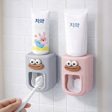 DAGUMLIFE 원터치 자동 치약짜개 디스펜서 무타공 걸이, 핑크+그레이