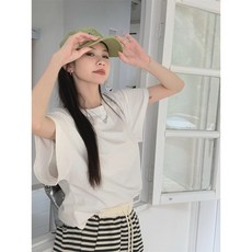 여름용 심플한 라운드넥 플라잉 슬리브 다용도 반소매 티셔츠 여성용 루즈핏 캐주얼 상의