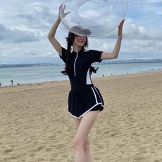 新款女士連體平角褲泳裝 - 遮肚顯瘦 保守學生運動風溫泉泳衣