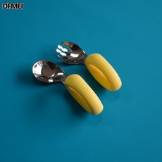 DFMEI ppsu硅膠叉勺套裝316不鏽鋼嬰兒童寶寶短柄勺叉子幼兒園自主進食, 1個, 如圖, 彎頭元寶黃色