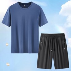 男款 夏天冰絲短袖短褲兩件套裝 速幹透氣寬松運動跑步套裝