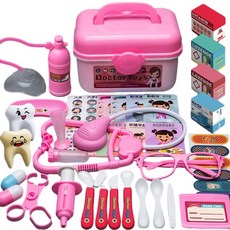 兒童家庭醫生牙醫玩具套裝 聽診器角色扮演學習組, 粉色 41件套收納箱 聽診器 氧氣瓶 藥盒, 1套
