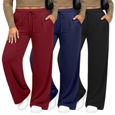 Evervibe 3팩 여성용 플러스 사이즈 와이드 레그 요가 팬츠 드로스트링 라운지 스웨트팬츠 루즈 캐주얼 운동 바지 포켓 포함 블랙 와인 레드 네이비 블루 XL
