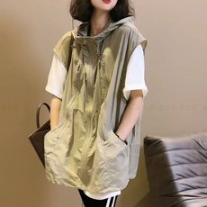 꽃소담 빅사이즈 여자 봄 가을 오버핏 바람막이 조끼 등산복 작업복 카고 후드 집업 민소매 베스트 HXY26A804