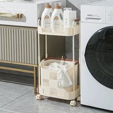 모던 트롤리 이동식 빨래바구니, 2단, 크림화이트