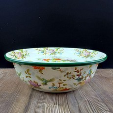 特厚琺琅搪瓷和麪盆 綠邊花鳥圖案, 1個, 綠邊花鳥,30cm特厚茶盤+30cm特厚搪瓷盆