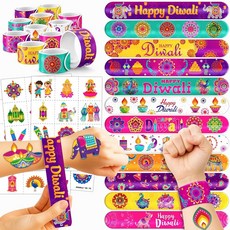 Cherisnowy 72피스 디왈리 파티 세트 - 임시 타투 48개 및 슬랩 팔찌 24개 - 해피 인디언 축제 테마 생일 용품 베이비 샤워 선물 교실 보상 및 아동용 파티