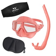 위베런 크러쉬 프리다이빙 스노쿨링 마스크 세트 + 고급케이스 + 머리엉킴방지 스트랩커버, 코랄핑크
