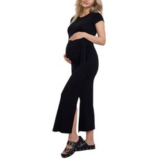Motherhood Maternity 여성용 반소매 크루넥 사이드 타이 디테일 미디 캐주얼 임산부 드레스 블랙. XS
