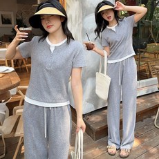 swygsqql 봄여름 루즈핏 여성 반팔티+허리 밴딩 일자핏 와이드 팬츠 상하세트 투피스