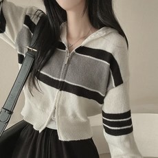 쪼예 삼선 배색 투웨이 니트 크롭 후드 집업