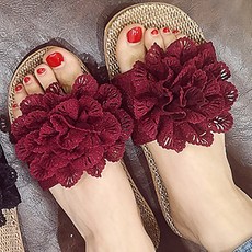 JUN팩토리 여성 남자 라탄 린넨 왕골 슬리퍼 코사지린넨 대나무 여름 실내 거실용 실내화, 와인, 1개