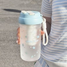 水杯女生高顏值可愛雙飲學生大容量便攜式卡通吸管小衆簡約塑料杯, 藍色星星杯【茶水分離+耐高溫】,580ml+提繩, 1個