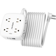6피트 서지 프로텍터 전원 스트립 8개 넓은 콘센트와 4개 USB 포트 3면 콘센트 확장기 연장 코드 평평한 플러그 벽걸이 책상용 충전 스테이션 ETL 인증 흰색, 20 피트