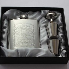 戶外隨身不銹鋼酒壺 便攜式含酒盃漏鬥 禮品酒壺套裝, 1個, 壓印傑剋灰綢