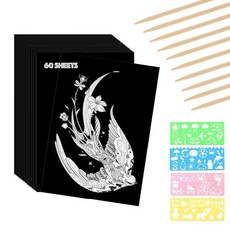 MUFEKUM 60장 스크래치 페이퍼 아트 세트 스크래치 오프 페이퍼 블랙 코팅 스크래치보드 공예 키트 레이저 스크래치 종이 성인용 스크래치 아트 페이퍼 (29 x 20., 18cm x 12.2cm