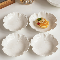 Siemzon 순수 도자기 꽃잎 리리프 딥플레이트 세트, 4개, 아이보리