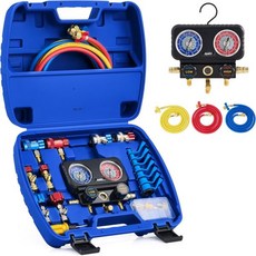 오리온 모터 테크 에이씨 게이지 3방향 매니폴드 세트 R1234yf R134a R410a 냉매용 자동차용 호스 빠른 커플러 셀프 씰링 캔 탭 포함 차량 프레온 충전 및 진공용