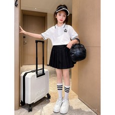 女童套裝夏季新款洋氣時髦網紅中大童學院風百褶裙短袖製服兩件套