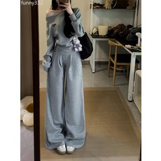 韓系氛圍感灰色休閒運動套裝女春季短款收腰斜肩上衣闊腿褲兩件套