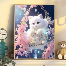貓咪DIY鑽石畫 房間裝飾手工粘貼畫, 小貓咪06,圓鑽畫布尺寸30*40厘米帶相框