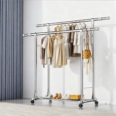 逐普 雙桿落地晾衣架 32mm加粗管徑 可伸縮 雙層置物附輪款, 可伸縮1.2-2.4米-雙桿高低雙層帶輪