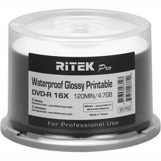 Ritek DVD-R 16X 4.7GB Watershield AZO 염료 유광 흰색 잉크젯 허브 인쇄 가능, Ritek DVD-R 16X 4.7GB Watershi