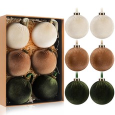 HyDren 벨벳 크리스마스 볼 장식품 6개 10.2cm(4인치) 대형 플로킹 트리 걸이 비산 방지 전구 홈 파티 장식용 (베이지 라이트 브라운 다크 그린) 295225, HyDren 벨벳 크리스마스 볼 장식품 6개, 10.2