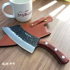 鍛打深紋戰術小菜刀 附皮套 木柄小彎刀 手工錘紋分割肉刀 不銹鋼戶外, 1個