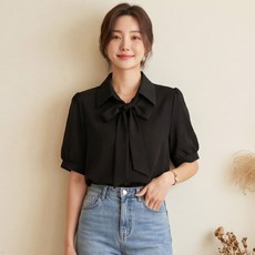 B180-2 덴더스 빅사이즈 여성 러블리 리본 타이 반팔 블라우스 44-120 여름용