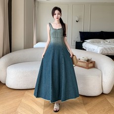 春季新款牛仔吊帶長洋裝 高腰修身 百搭休閒連身裙, 漸變藍,M