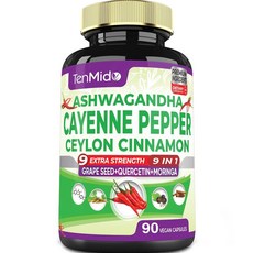 Tenmido 카이엔 후추 보충제 캡슐 3개월 분량 및 아슈와간다 실론 시나몬 포도씨 케르세틴 모링가 은행나무 - 심장 건강 소화 건강 증진 - 90캡슐, Tenmido 카이엔 후추 보충제 캡슐, 3개월 분량