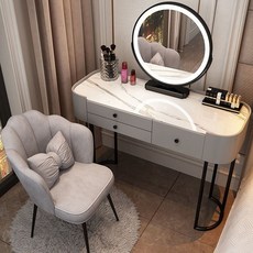 免安裝化妝台收納櫃 智能高檔北歐實木書桌梳妝桌 歐式化妝台 (南投出貨), 灰黑uv桌面+智能三色鏡+椅子,80cm兩抽屜