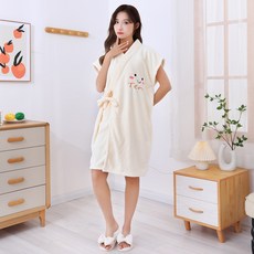 珊瑚絨浴袍女加厚可穿浴巾交叉綁帶居家浴裙幹髮帽家用舒適睡衣 #奶油白 #毛巾35*75cm, 毛巾35*75cm