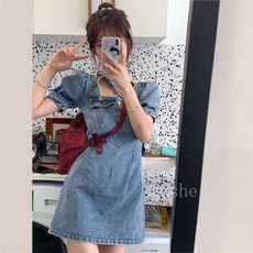 [Myshe]여성 여름 귀여운 청원피스 퍼프소매 미니 원피스 QLTT423LY04, 블루, M 93-103