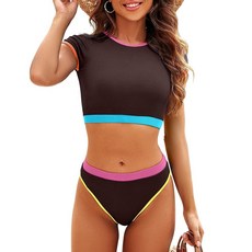 ECLATIS Jolefile 여성 투피스 수영복 하이넥 탱키니 복부 컨트롤 골지 십대 여아용 브라운 겸손한 수영복 S 302905