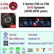 BMW호환 3 4 시리즈 F30F36용 NAVIGUIDE 14.9인치 안드로이드 14 무선 카플레이 오토 지능형 네비게이션 멀티미디어 플레이어, 5)14.9-EVO-8-128G-LHD, Eight Core