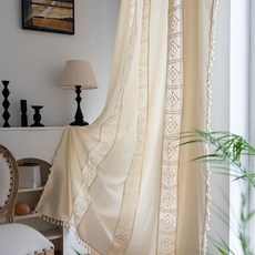 DFMEI 拼接法式復古窗簾臥室客廳鏤空方格子隔斷簾成品爆款短簾, 米色拼接 米色鉤針三片+打孔式