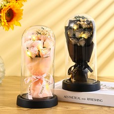 永生花香皂玫瑰玻璃罩禮品，適合送女友、老婆、老師, 【3朵荔枝粉玫瑰+玻璃罩+燈串賀卡,亞克力罩+手提盒