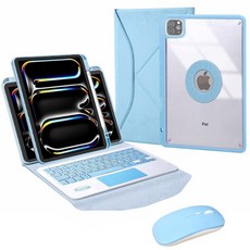 Powerway 2024 iPad Pro 11吋(M4) 專用藍牙鍵盤皮套保護殼組 (含無線滑鼠) ，提升平板使用體驗, 天空藍(藍色圓鍵/藍色滑鼠/藍色保護殼), 剪刀腳巧克力式鍵帽