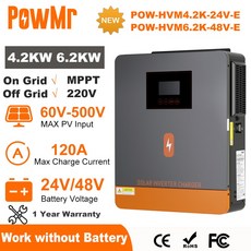 PowMr 6.2KW 4.2KW 하이브리드 태양광 인버터 24V 48V 220V 온/오프 그리드 듀얼 출력 MPPT 120A 배터리 충전기, [02] 6.2kW Without WIFI, [00] 220-240V용, [00] 60-450V