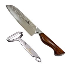 NK3a龍紋蔬果料理三德刀，大馬士革鋼刀身鋒利，黃檀木手柄握感舒適，一體成形易清洗, 銀, 1個